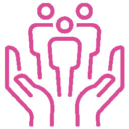 Pinkes Icon mit zwei geöffneten Händen und drei Personen darin.