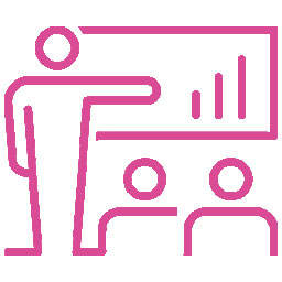 Pinkes Icon mit einer Person an einer Tafel und zwei weiteren Personen davor.